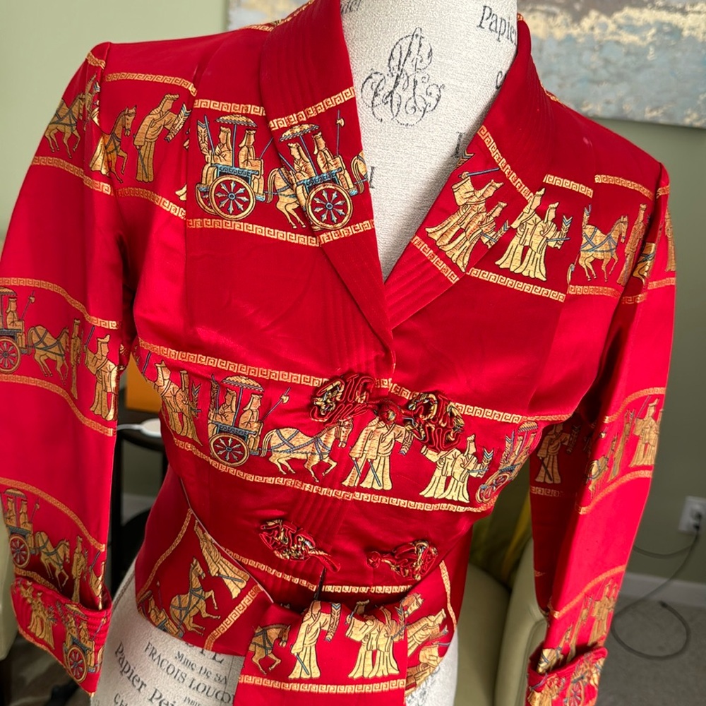 Dynasty red gold brocade silk bolero jacket with long waist sash EVC size XS